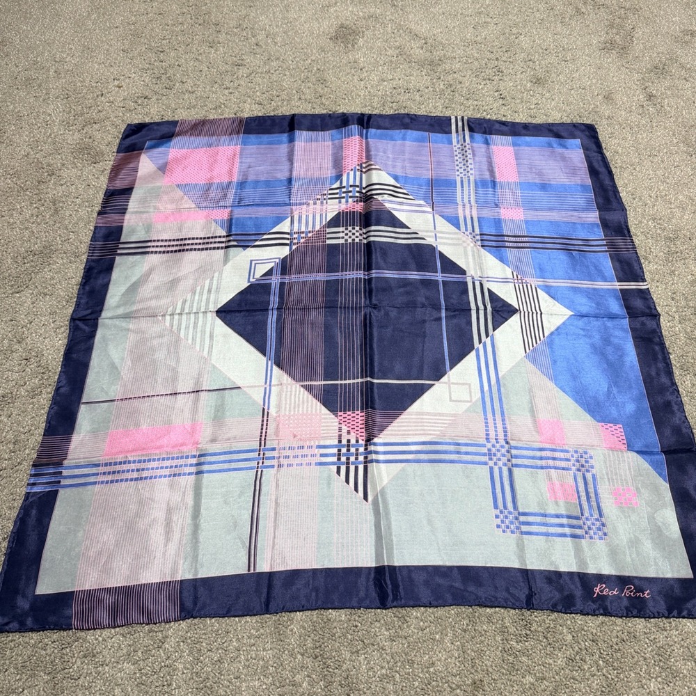 Red Point Geometric Plaid Square Scarf Navy Blue Pink Grey Satin Finish 29.5in